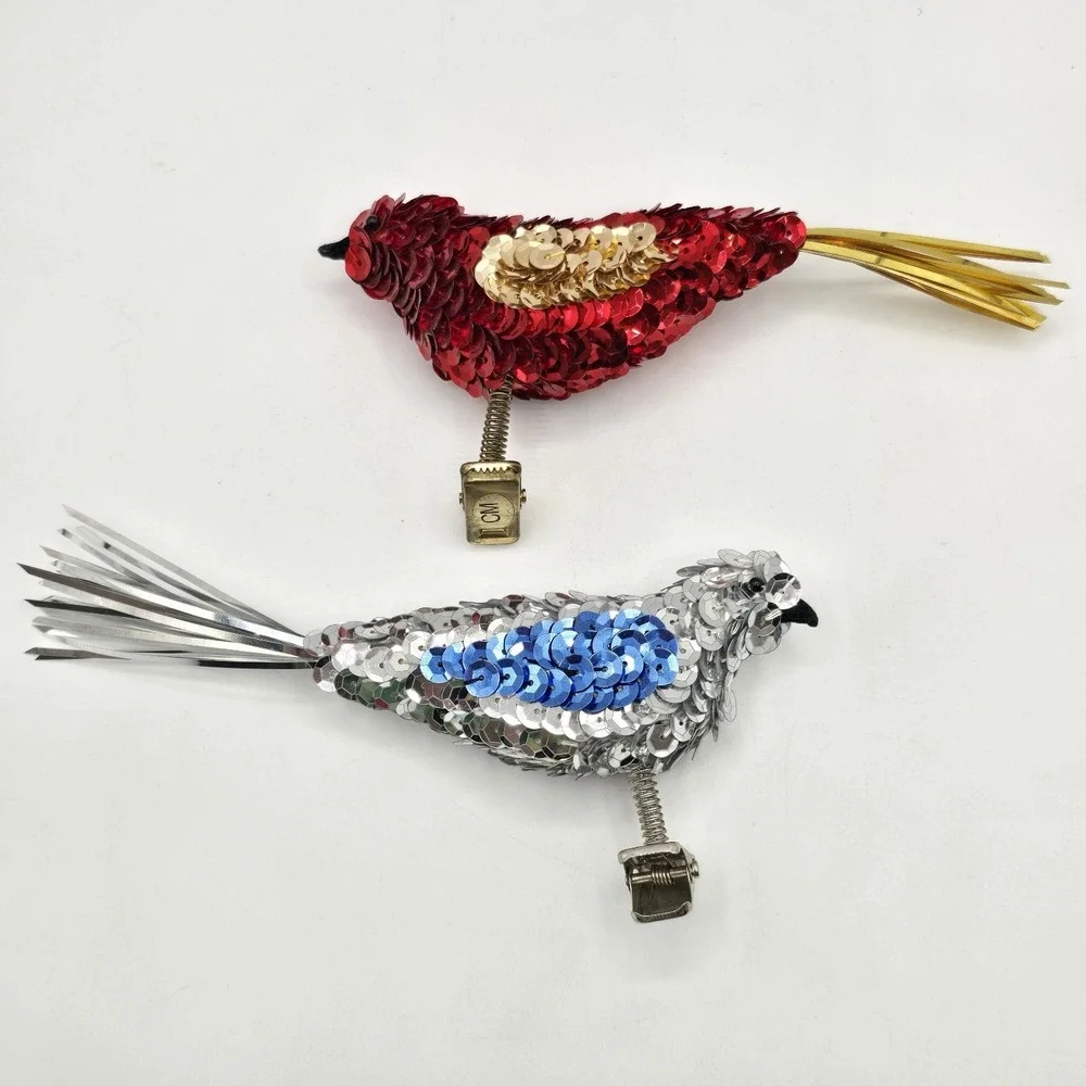 VINTAGE JF CM RED‎ SEQUIN BIRD CLIP CHRISTMAS ORNAMENTS RED GOLD SILVER BLUE